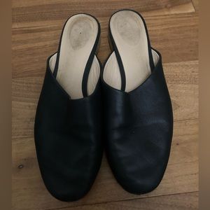 Clarks black leather slides